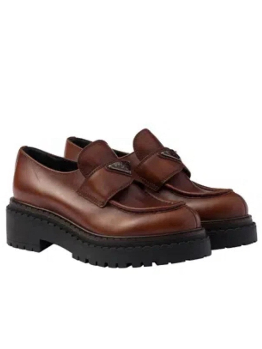 Prada double chocolate leather loafers